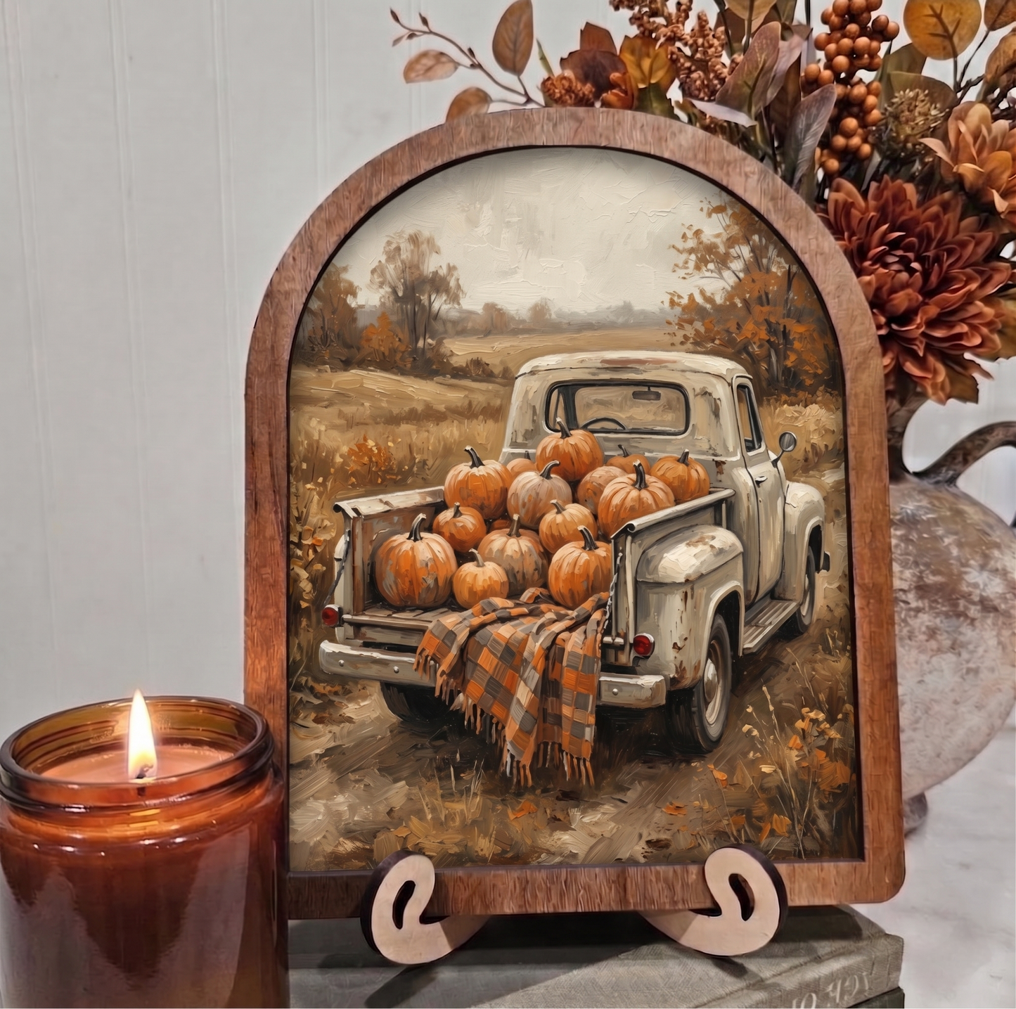 Arch White Vintage Truck with Pumpkins Framed Art Halloween Fall