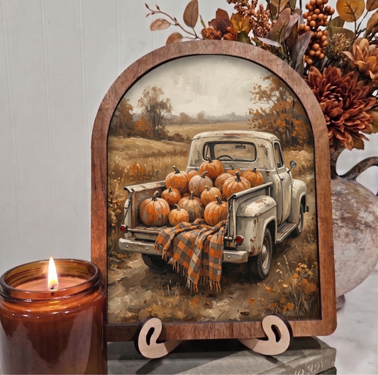 Arch White Vintage Truck with Pumpkins Framed Art Halloween Fall