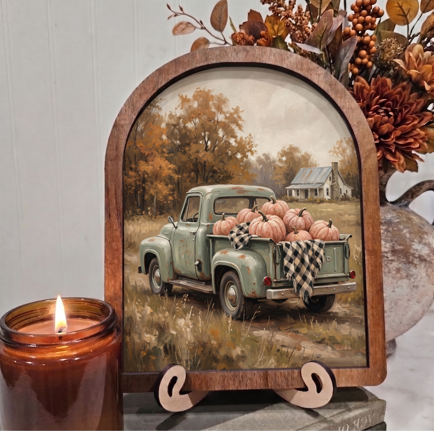 Arch Blue Vintage Truck with Pumpkins Framed Art Halloween Fall