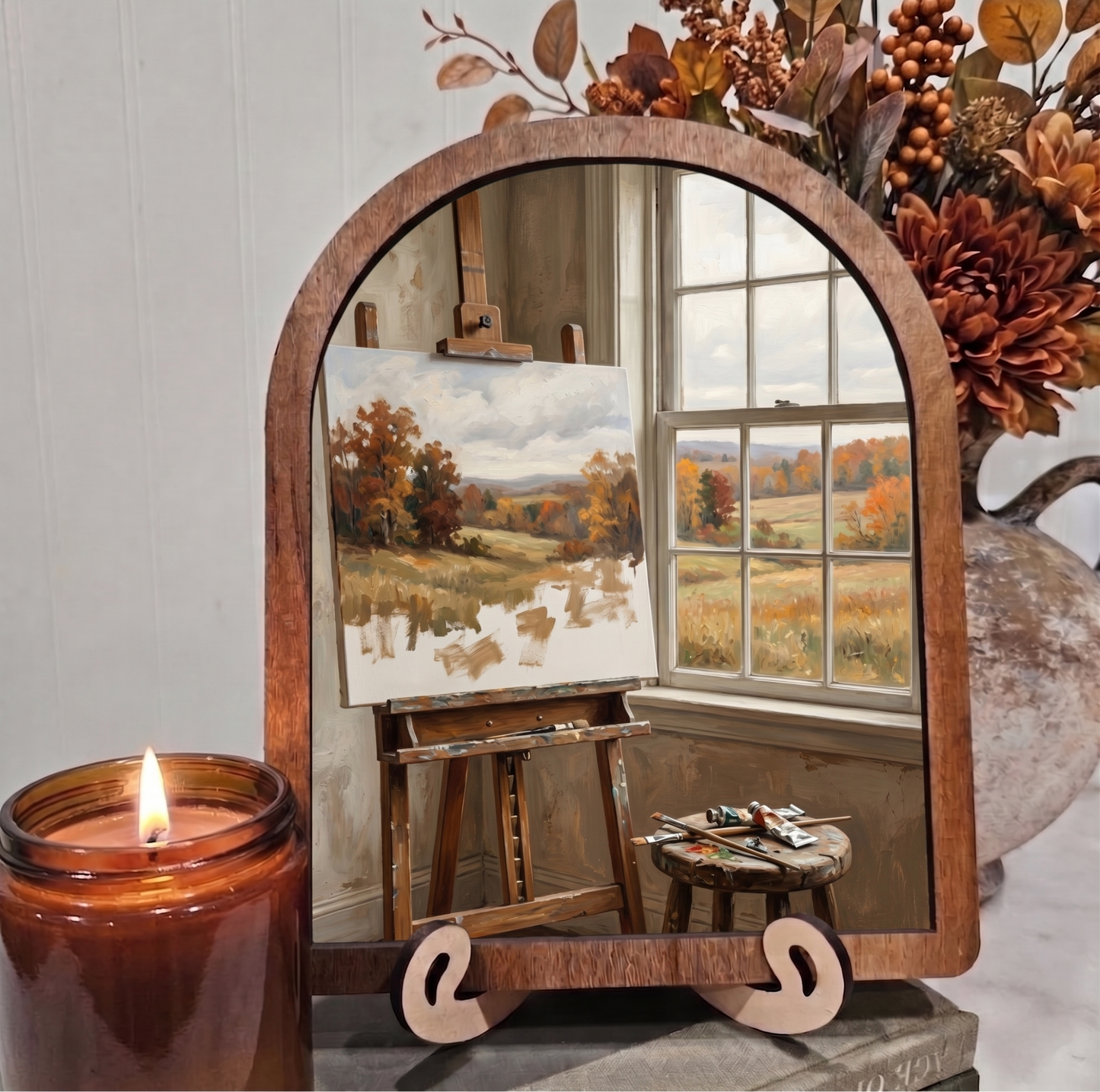 Arch Fall Window Painting Fall Scene on Canvas Framed Art Halloween