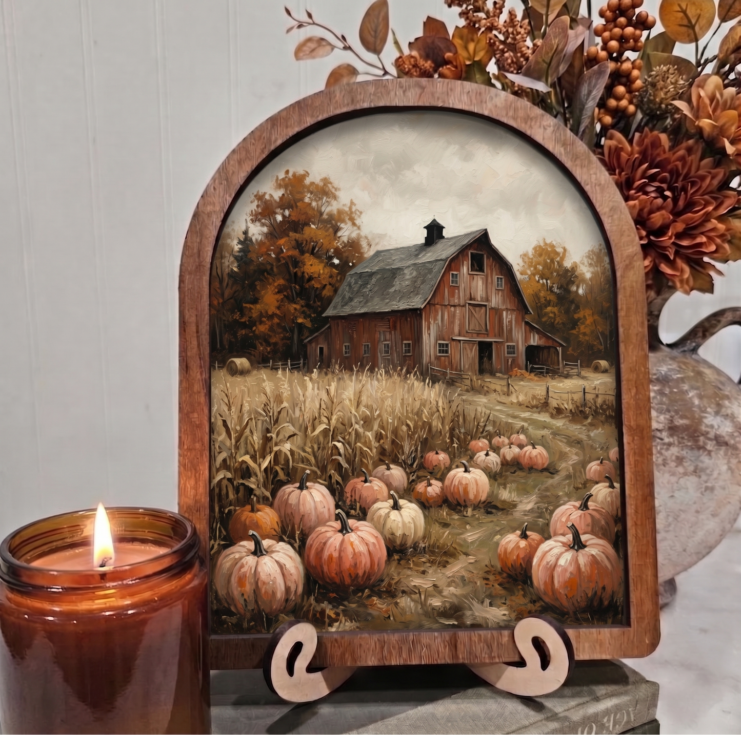 Arch Fall Red Barn with Pumpkins Framed Art Halloween