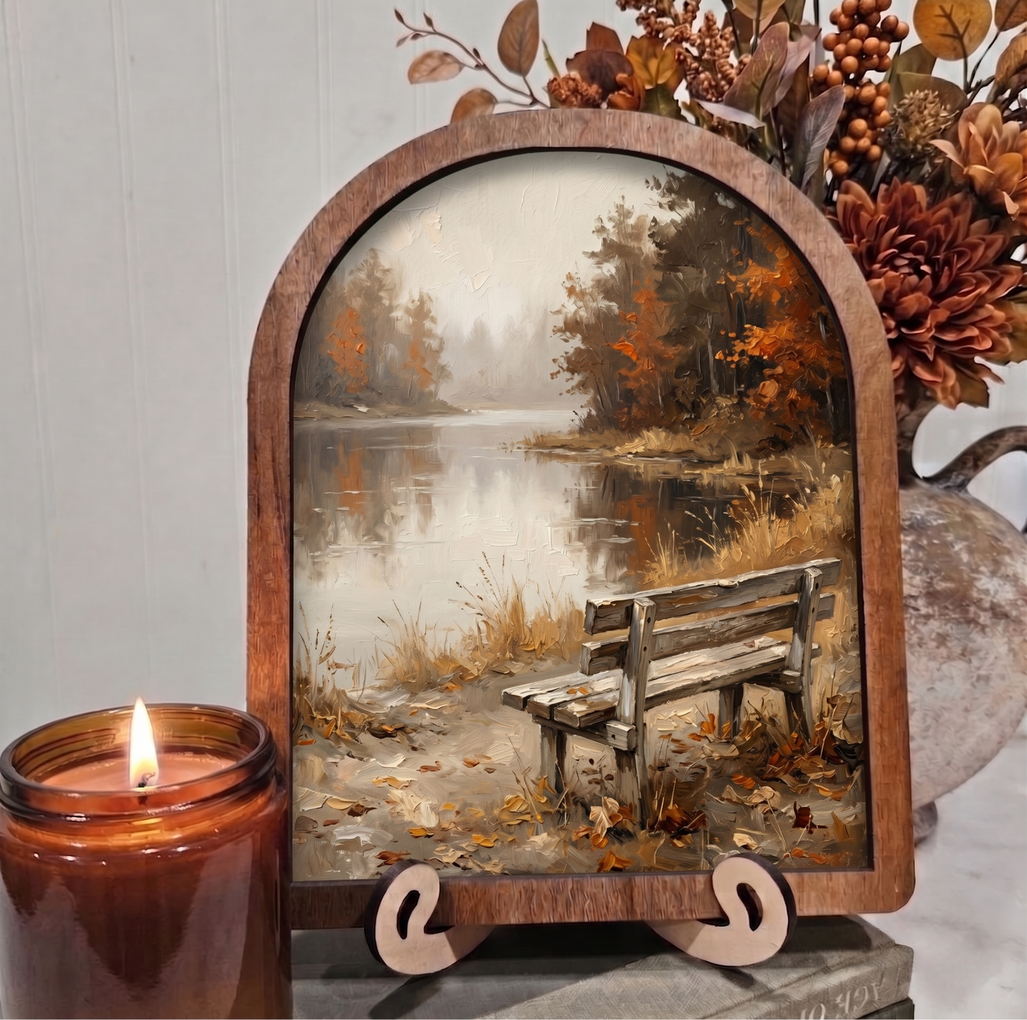 Arch Fall Bench by the Lake Framed Art Halloween