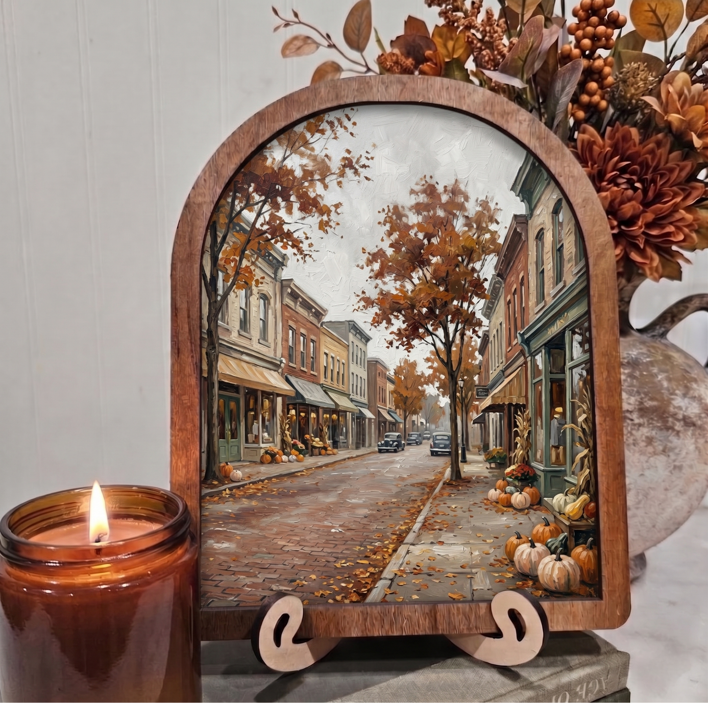 Arch Fall City Street with Vintage Cars Framed Art Halloween