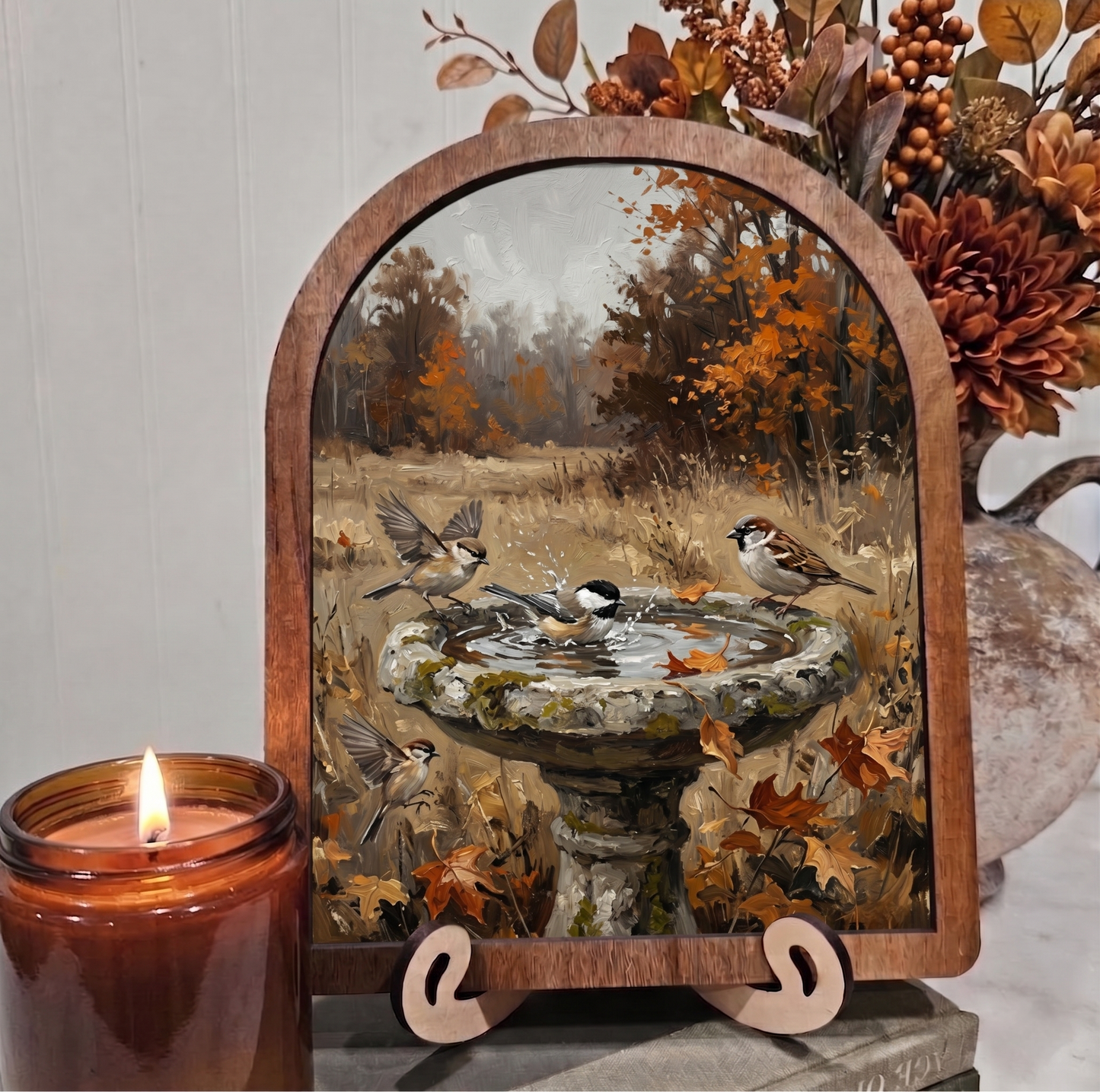 Arch Fall Bird Bath Framed Art Halloween