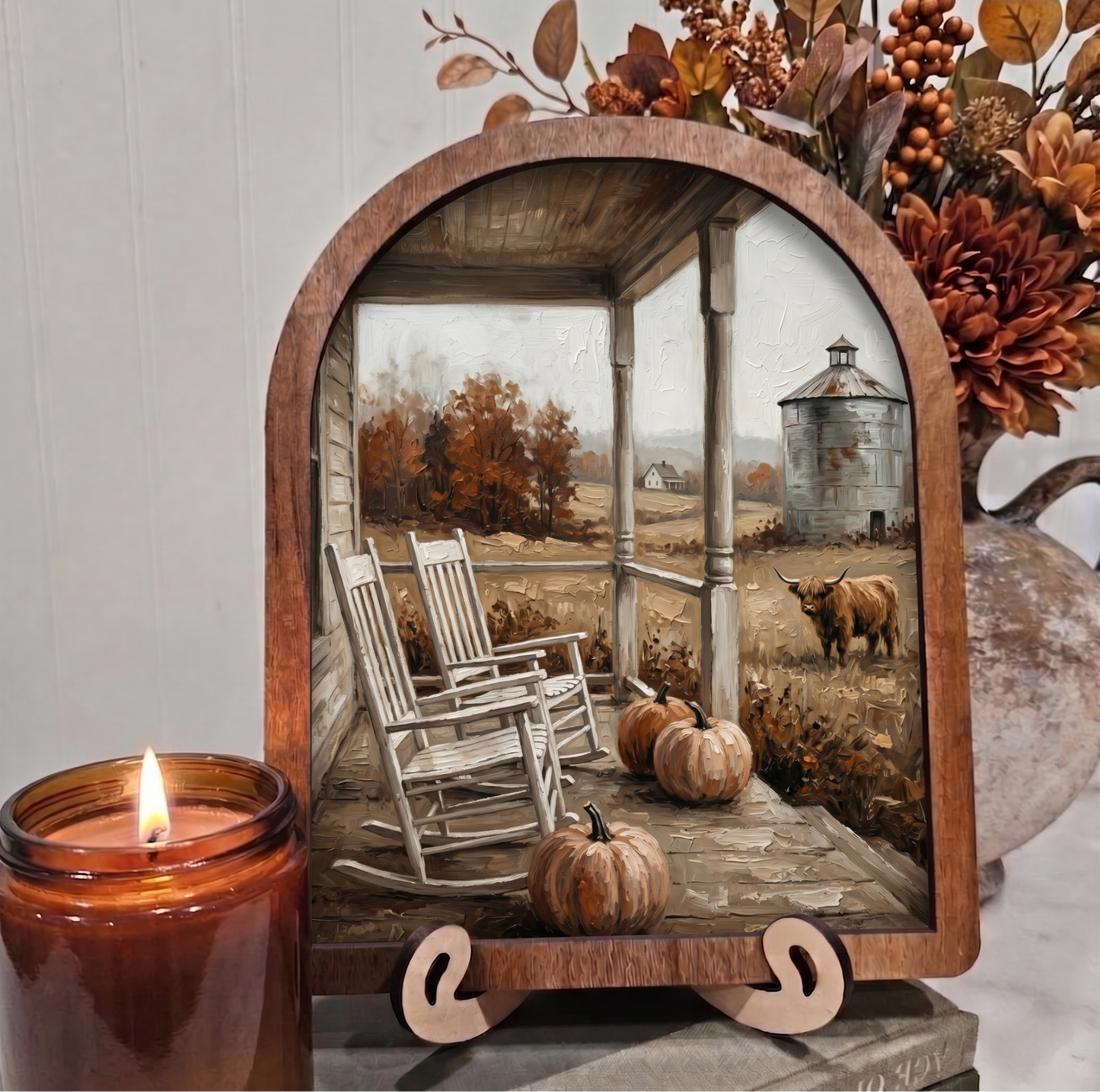 Arch Fall Front Porch Rocking Chairs Highland Cow Framed Art Halloween