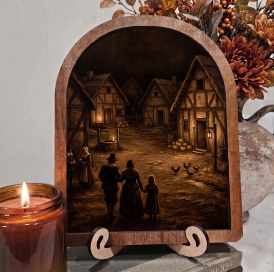 Arch Fall Pioneers Moody Cottage Core Village Framed Art Halloween Thanksgiving