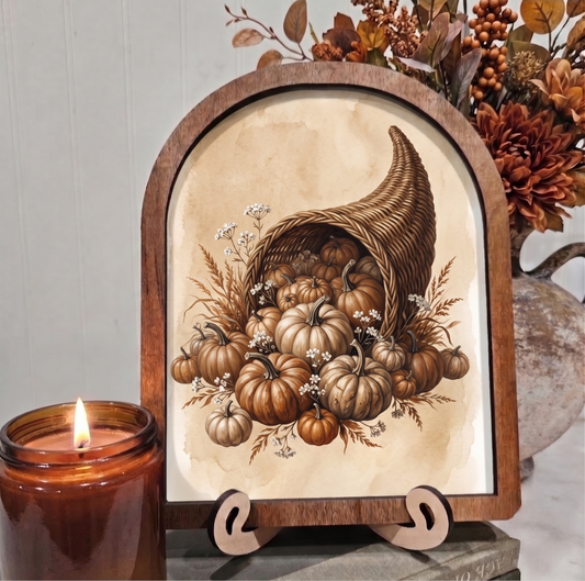 Arch Fall Cornocopia Pumpkins Cottage Watercolor Look Framed Art Thanksgiving