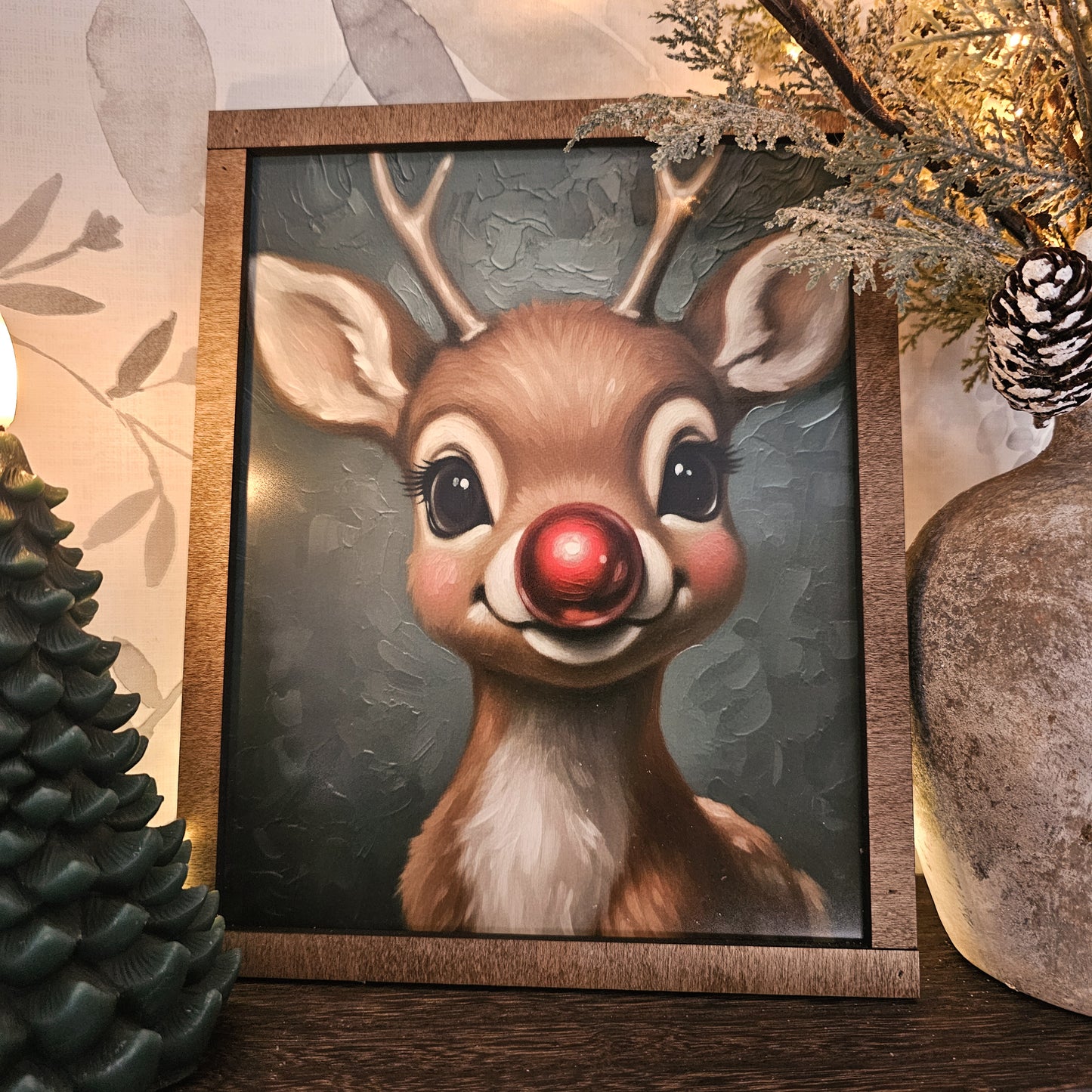 Square Christmas Red-Nosed Reindeer Framed Art