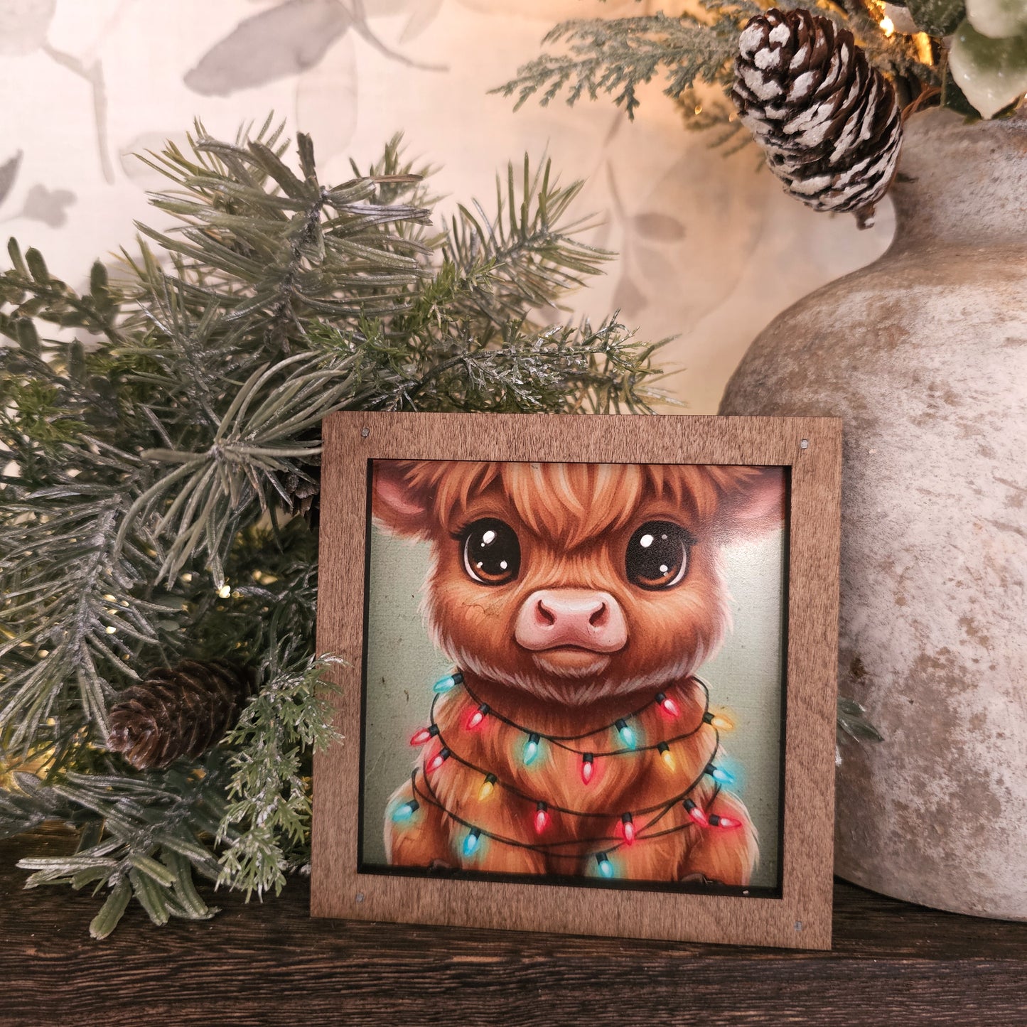 Christmas Light Baby Highland Framed Art Block