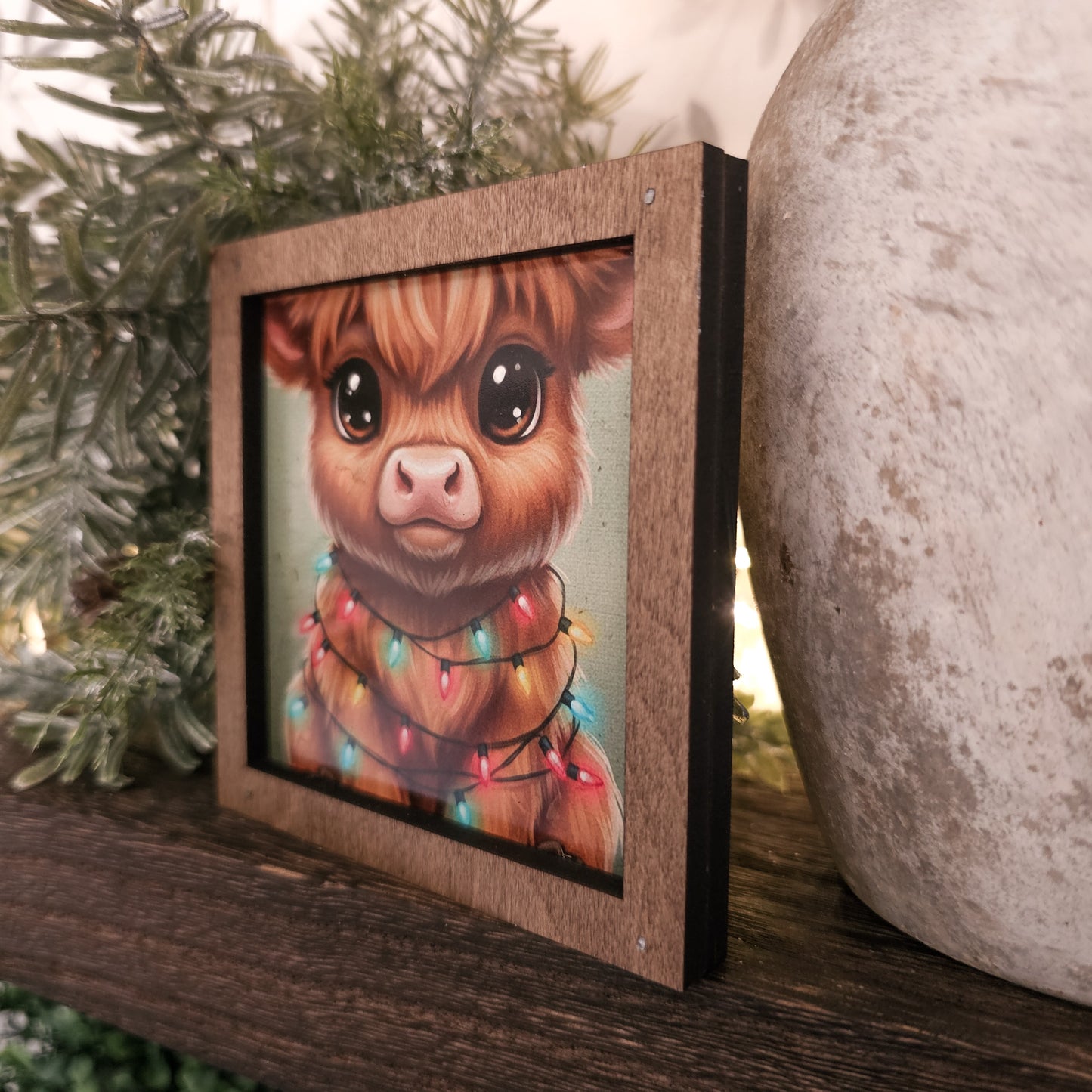 Christmas Light Baby Highland Framed Art Block