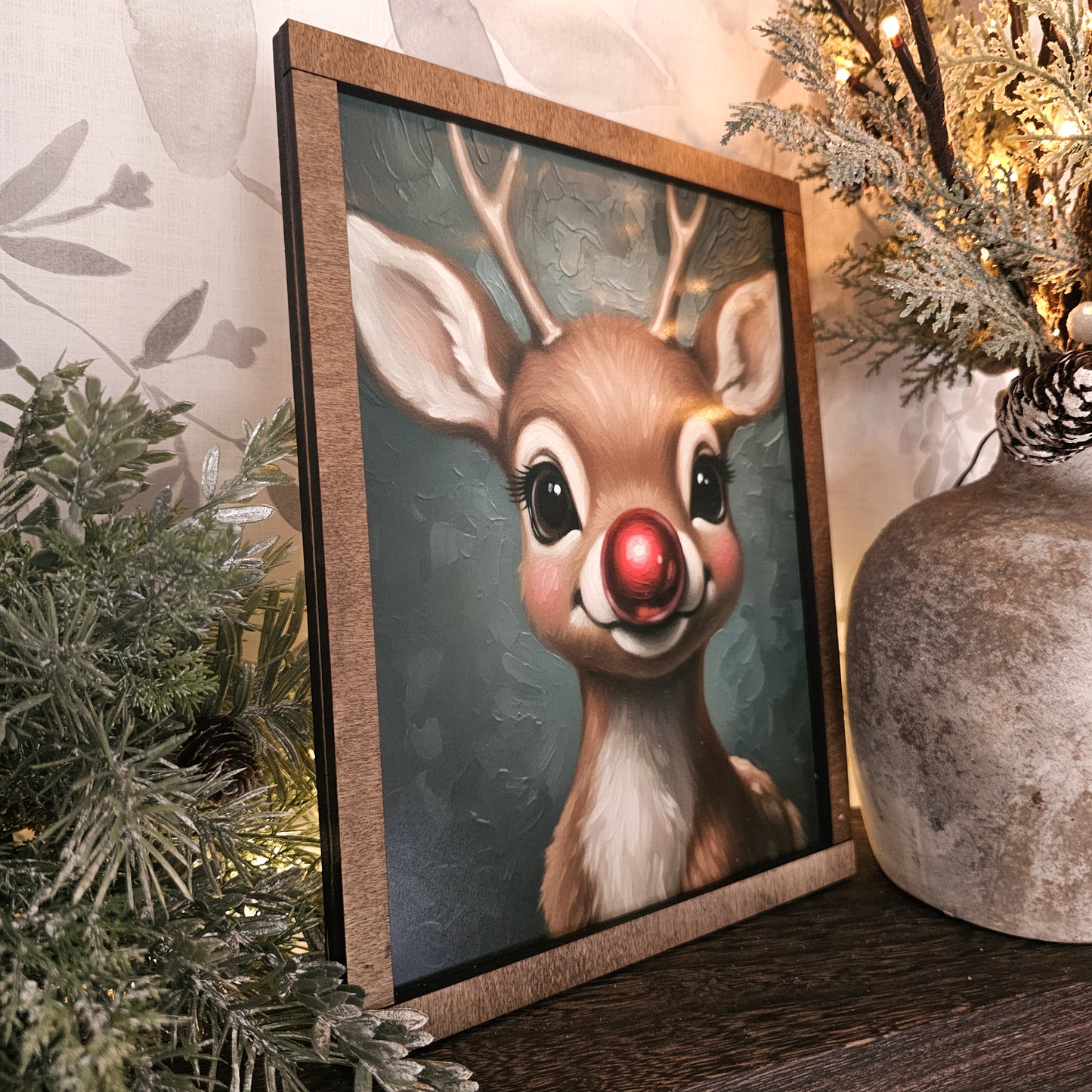 Square Christmas Red-Nosed Reindeer Framed Art
