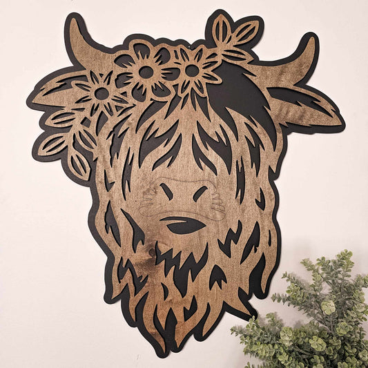 Large Wood 22.5" Floral Highland Cow Wall Art Sign