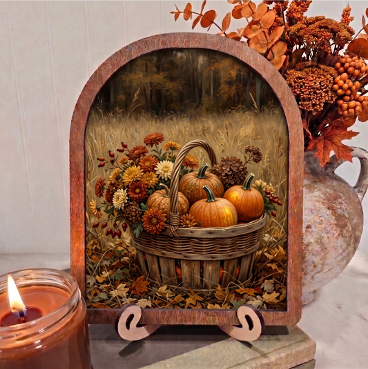 Arch Fall Pumpkins and Mums in Basket Framed Art Halloween