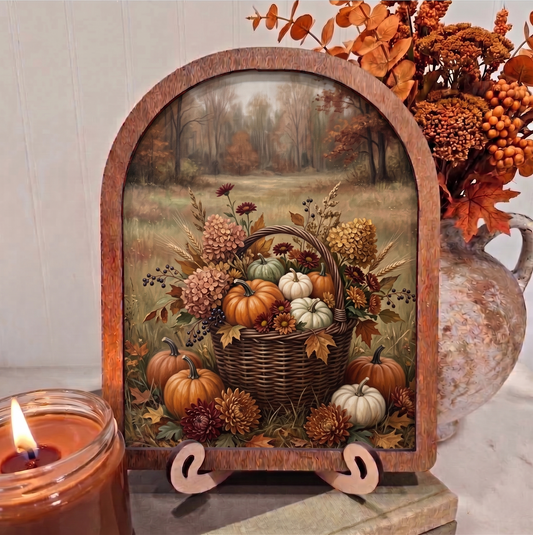 Arch Fall Pumpkins and Hydrangeas in Basket Framed Art Halloween
