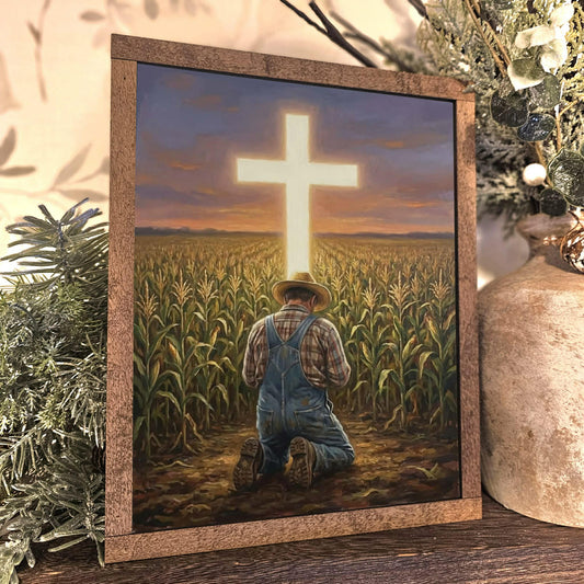 Farmer Kneeling Before Cross Framed Art