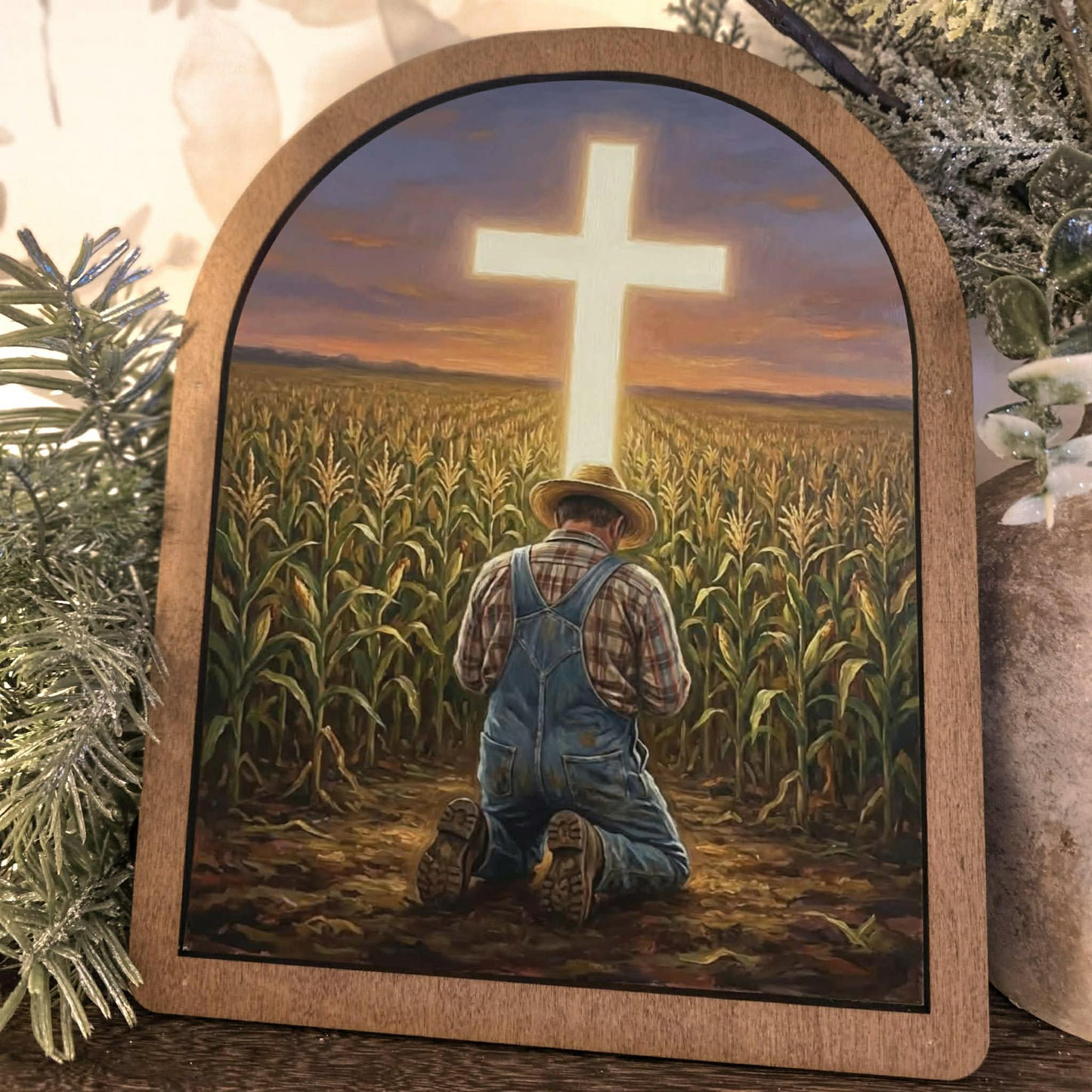 Farmer Kneeling Before Cross Framed Art