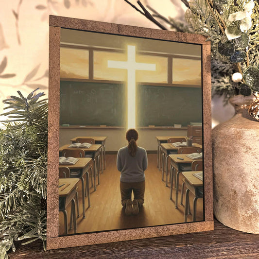 Teacher Kneeling Before Cross Framed Art