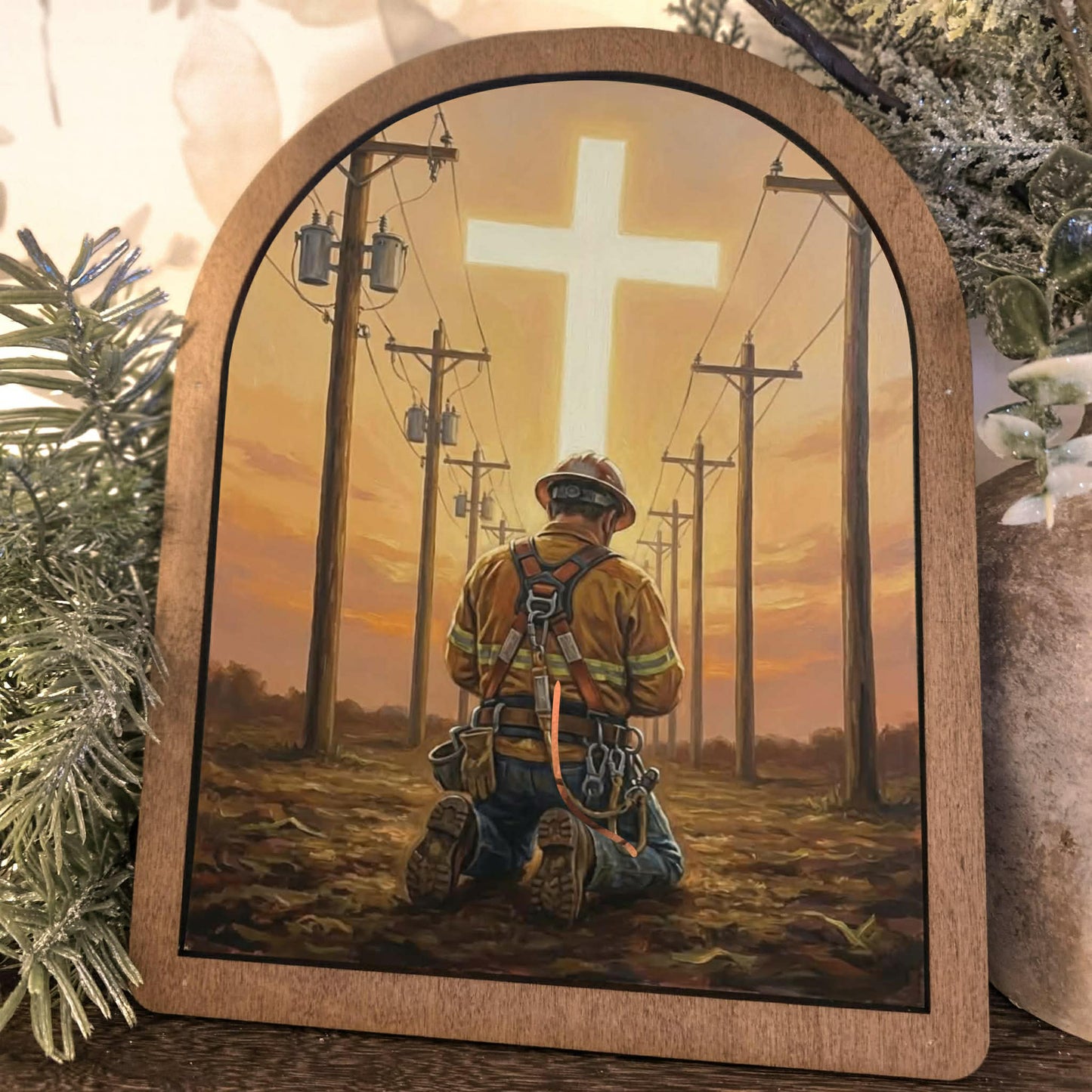 Lineman Electrician Kneeling Before Cross Framed Art