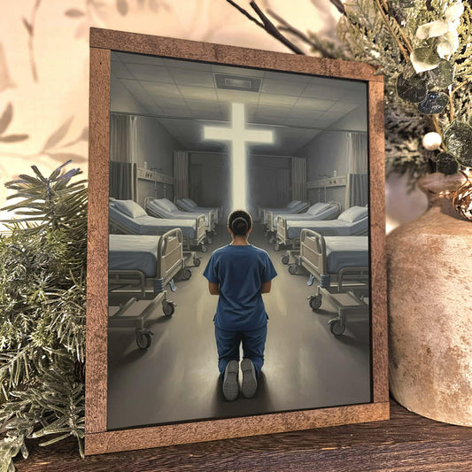 Nurse Kneeling Before Cross Framed Art