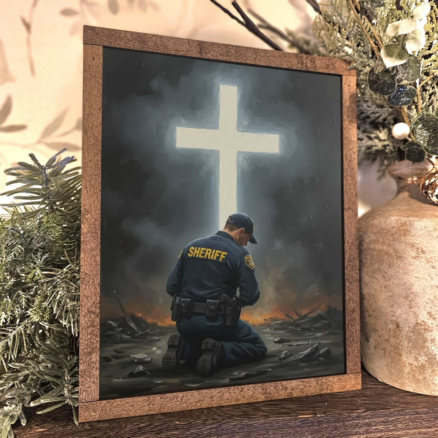 Sheriff Kneeling Before Cross Framed Art