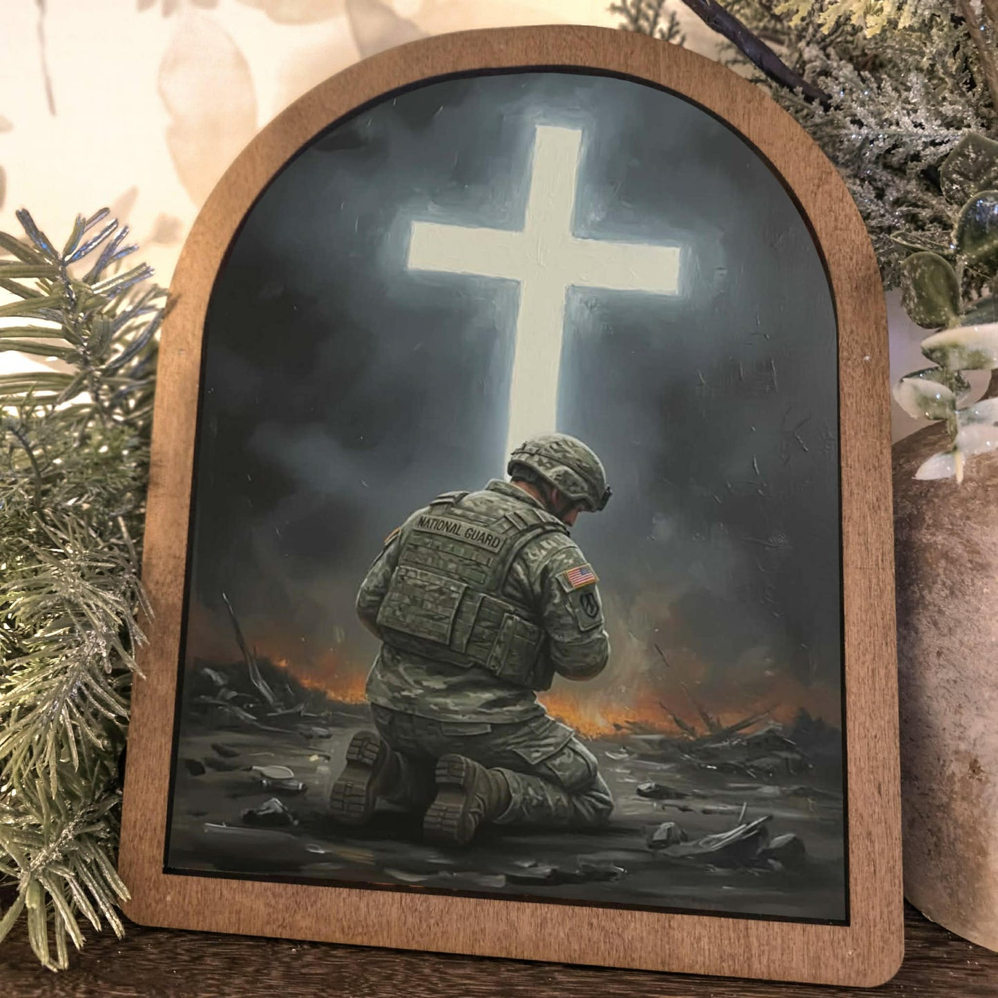 National Guard Kneeling Before Cross Framed Art