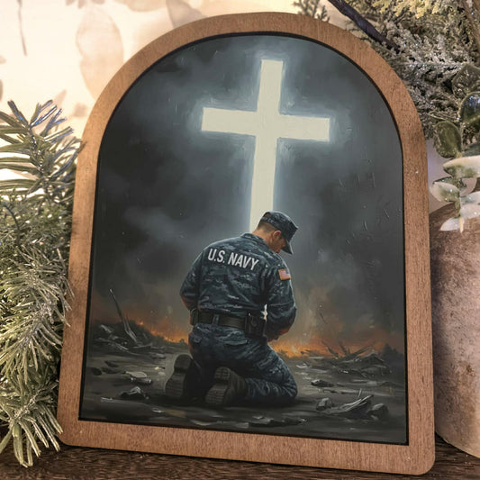 Navy Kneeling Before Cross Framed Art