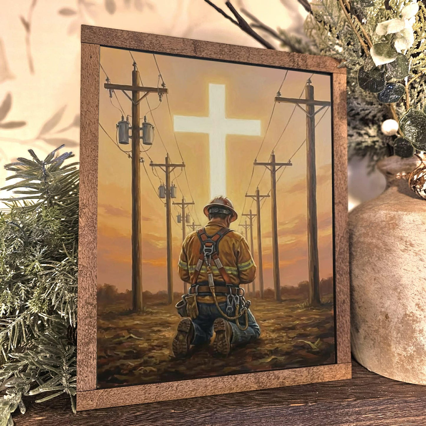 Lineman Electrician Kneeling Before Cross Framed Art