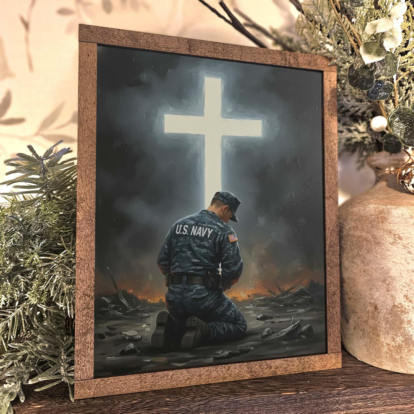 Navy Kneeling Before Cross Framed Art