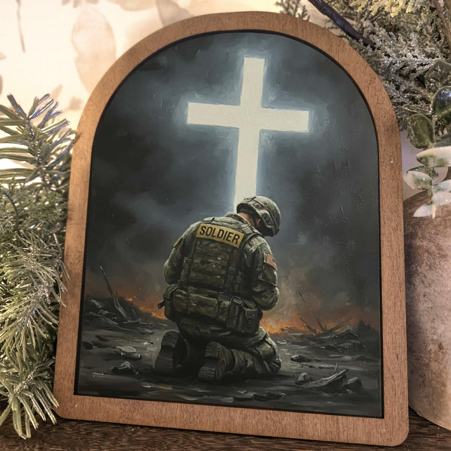Soldier Kneeling Before Cross Framed Art