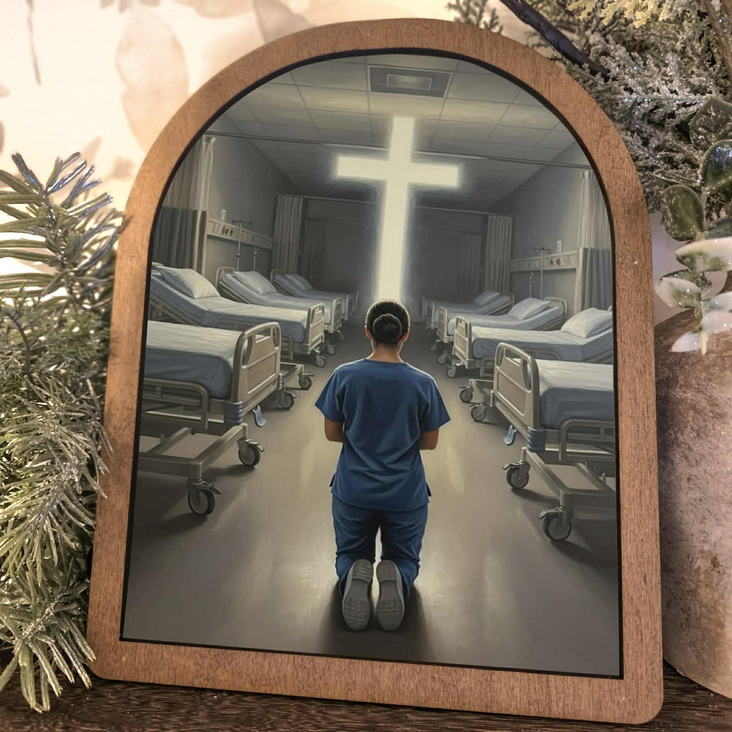 Nurse Kneeling Before Cross Framed Art