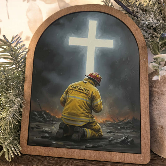 Firefighter Fireman Kneeling Before Cross Framed Art