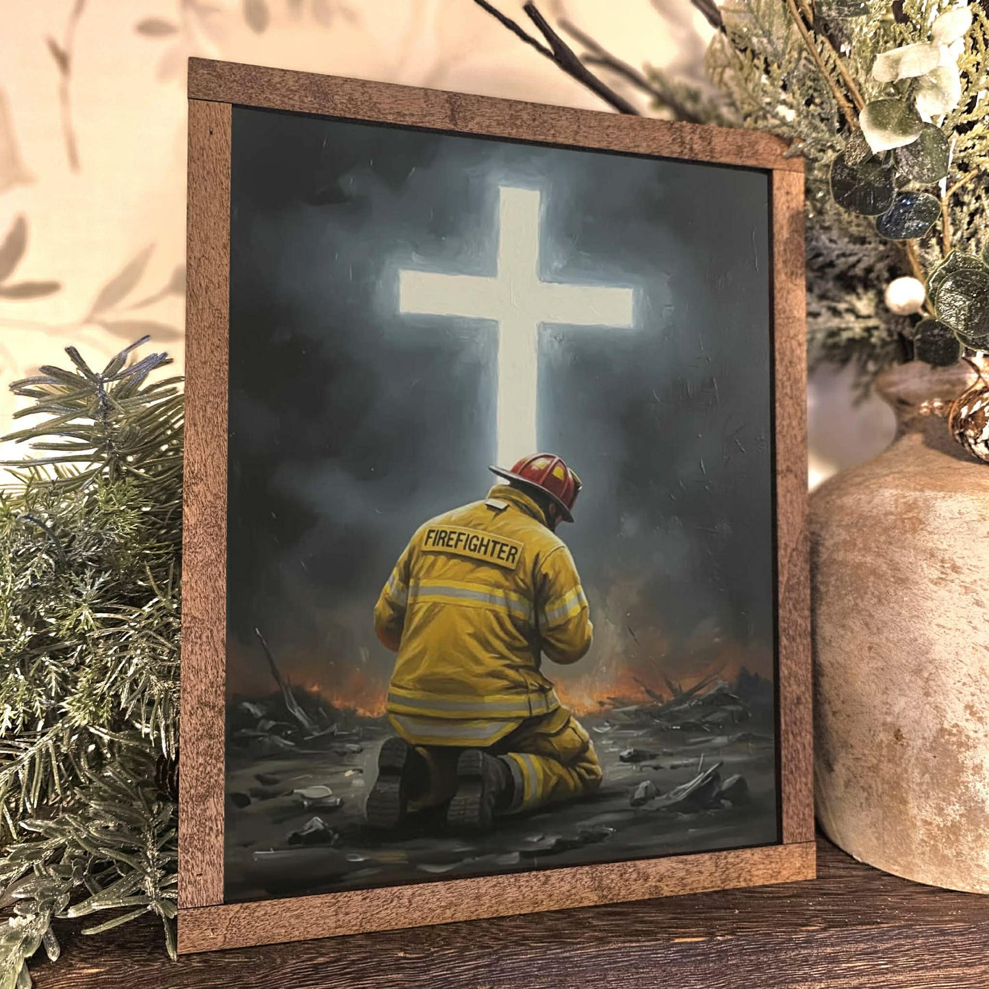 Firefighter Fireman Kneeling Before Cross Framed Art