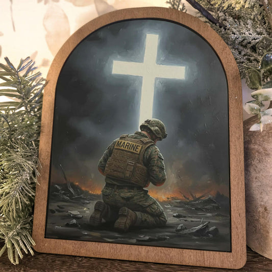 Marine Kneeling Before Cross Framed Art
