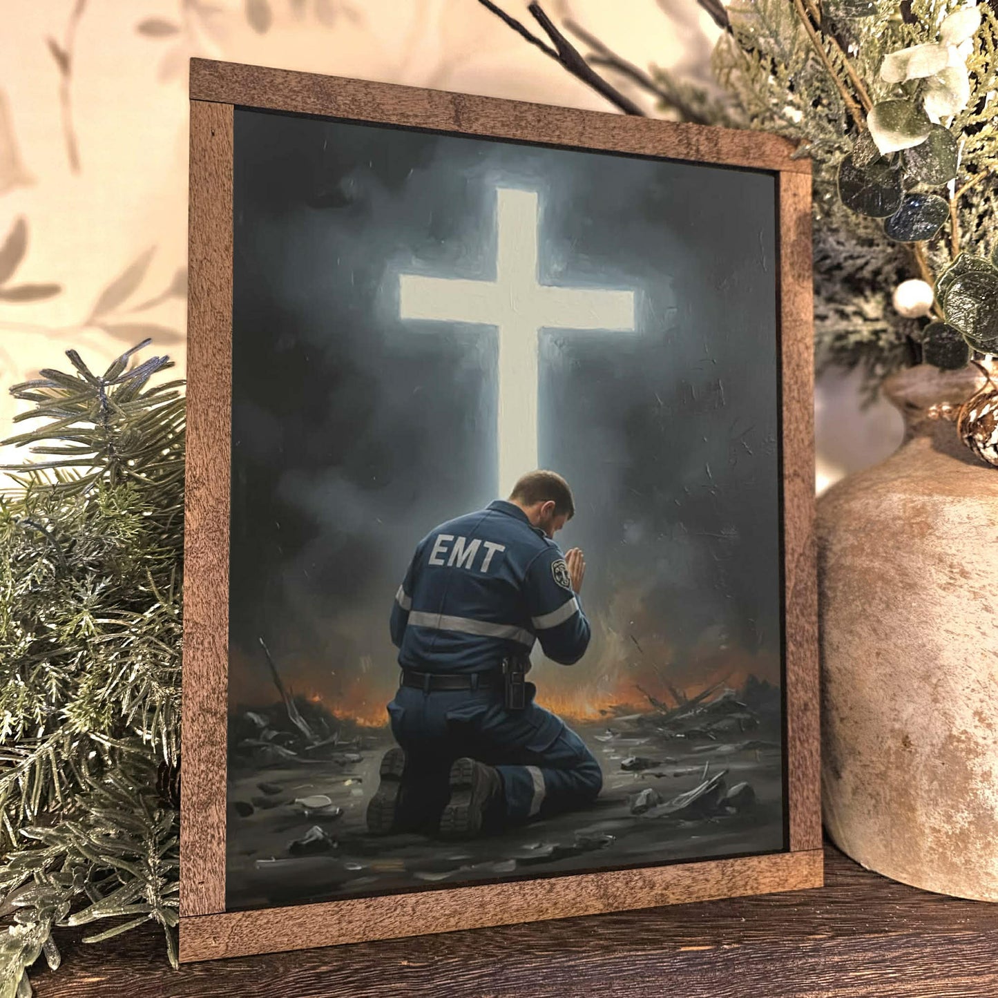 EMT Kneeling Before Cross Framed Art
