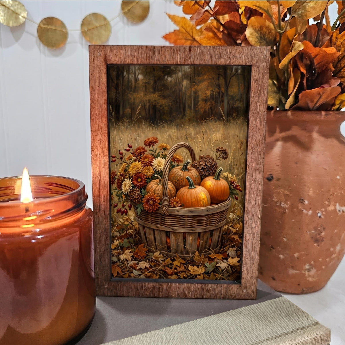 BD Lasers 4x6 wood block sign - Fall Pumpkins and Mums in Basket