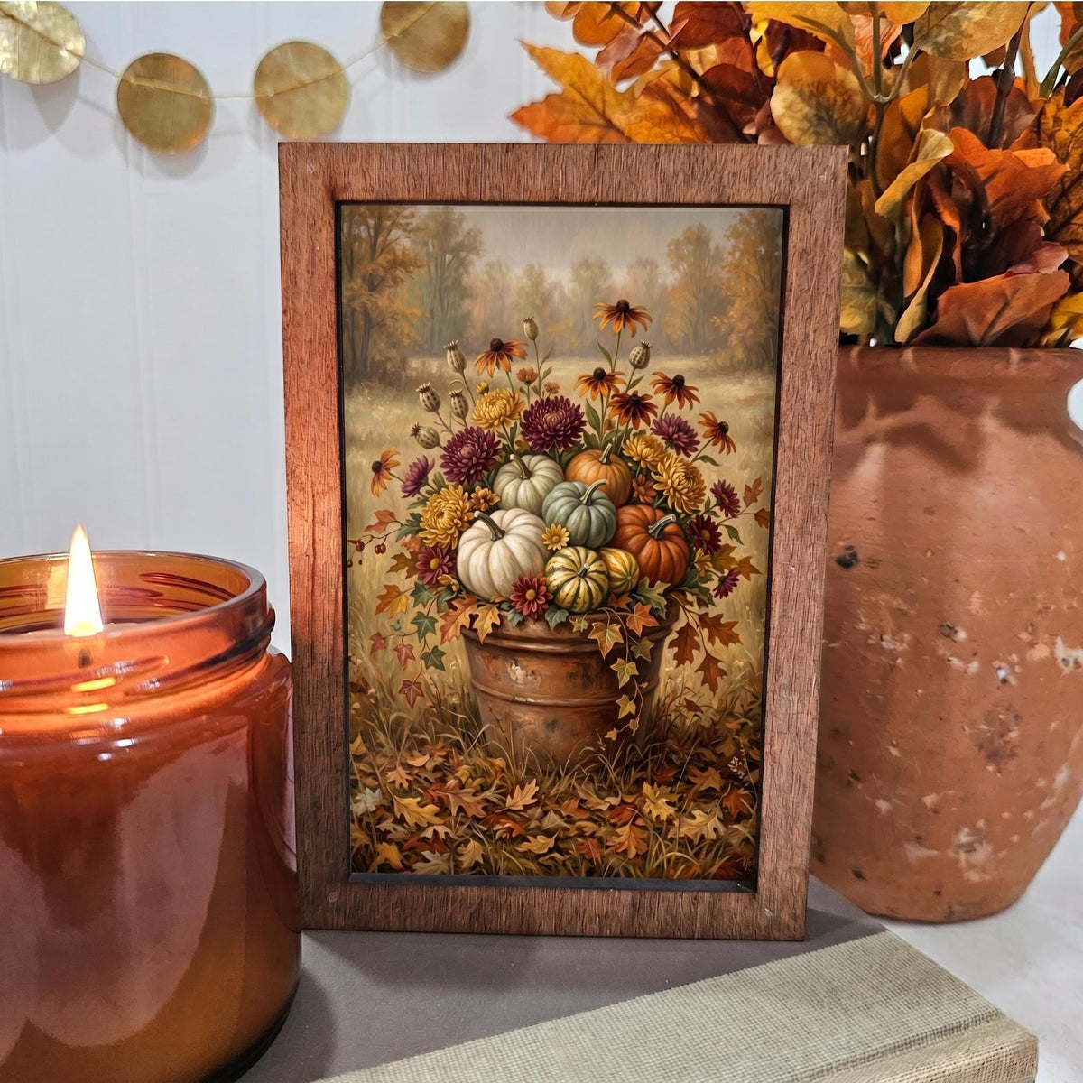 BD Lasers 4x6 wood block sign - Fall Potted Pumpkin Flowers