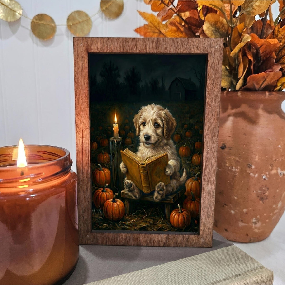 BD Lasers 4x6 wood block sign - Puppy Reading Book Fall