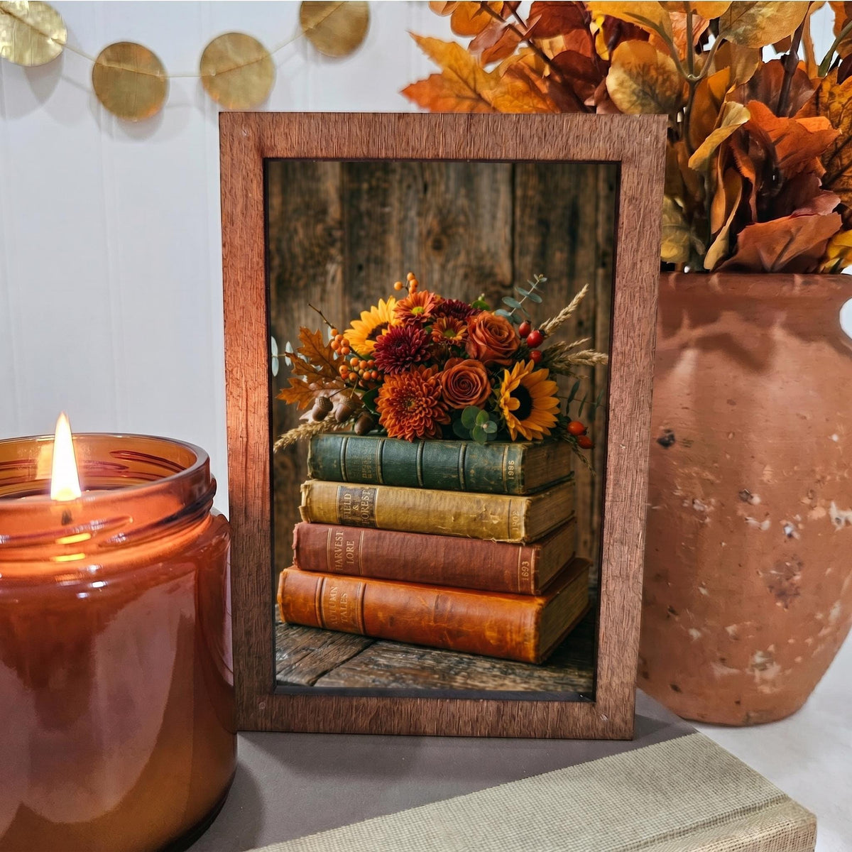BD Lasers 4x6 wood block sign - Fall Book Stack with Flowers