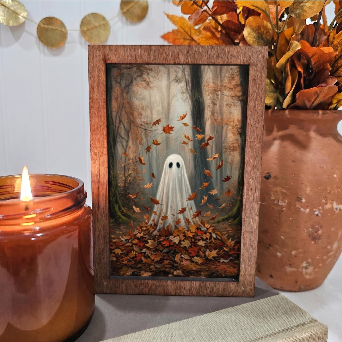 BD Lasers 4x6 wood block sign - Fall Ghost in Circle of Leaves