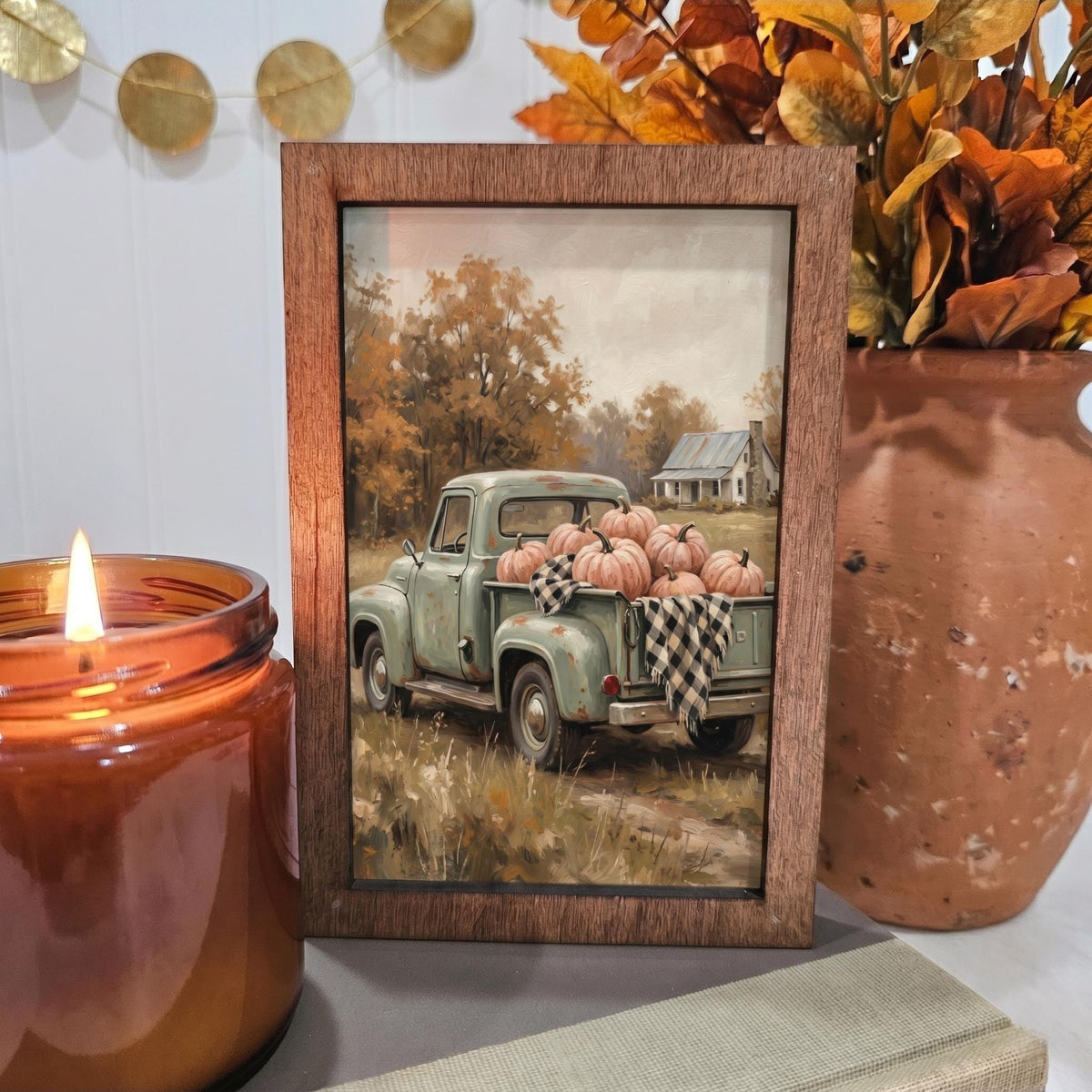 BD Lasers 4x6 wood block sign - Fall Teal Vintage Truck Pumpkins