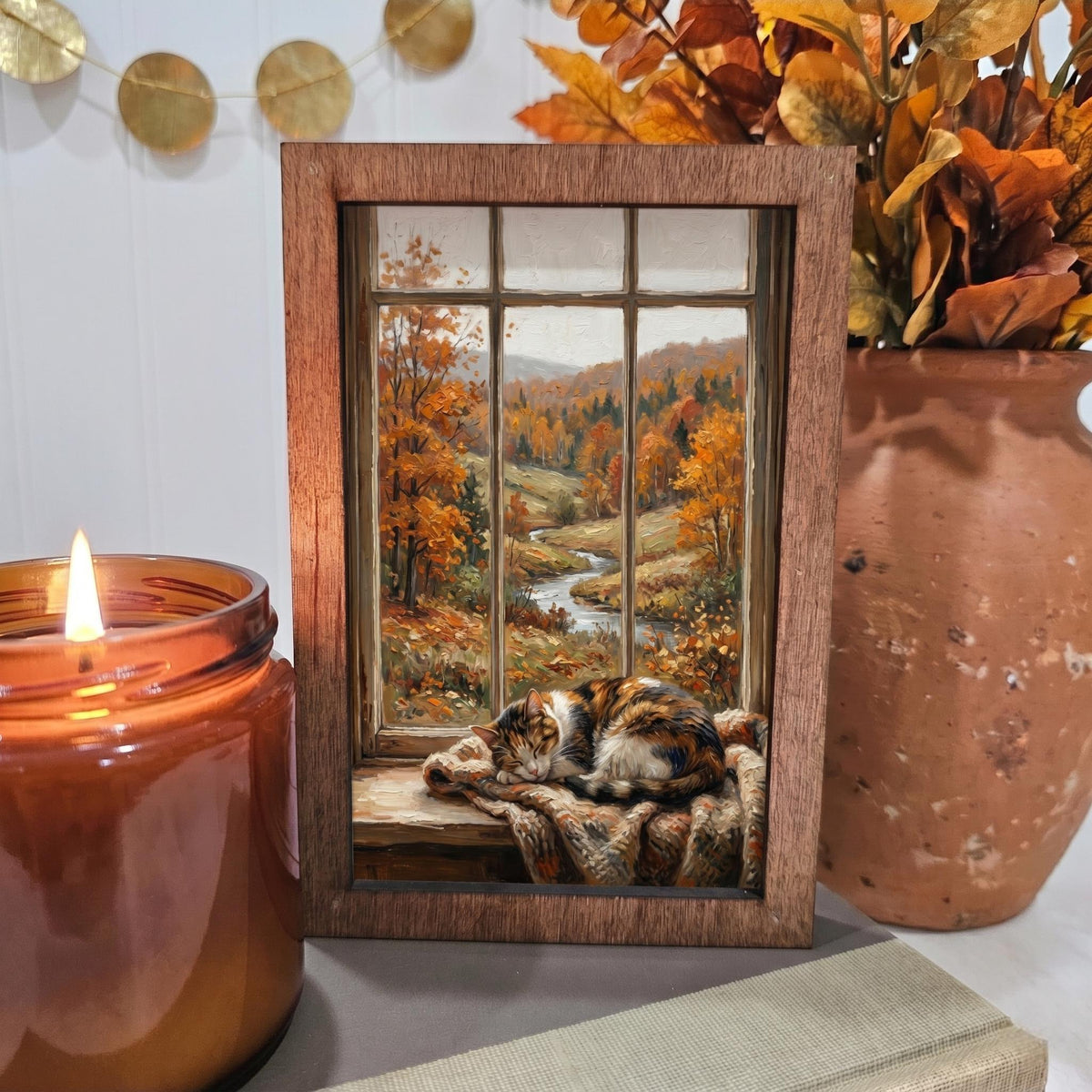 BD Lasers 4x6 wood block sign - Fall Window Sleeping Cat