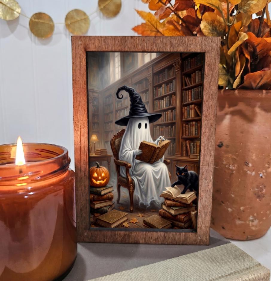 BD Lasers 4x6 wood block sign - Ghost Cat in Library Book