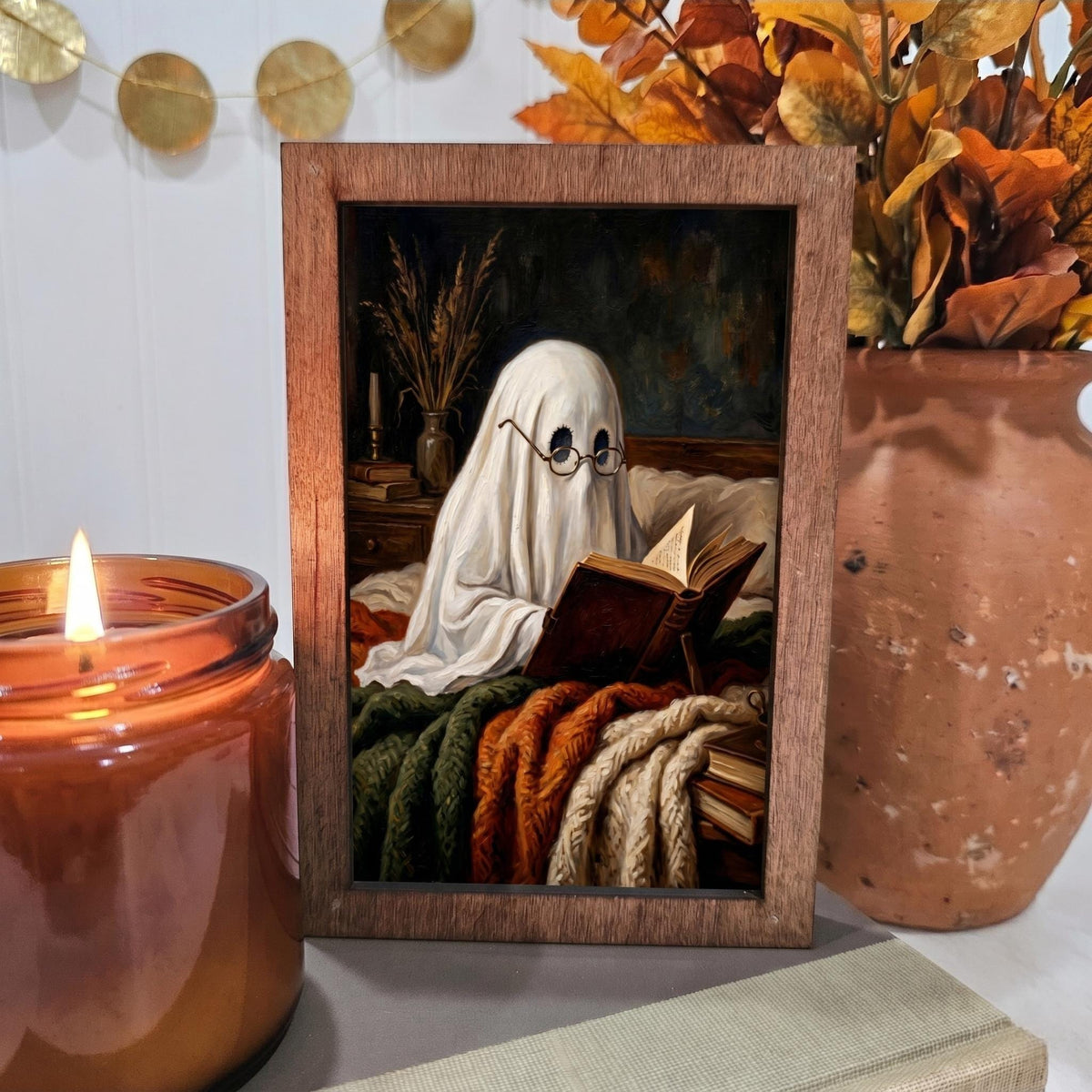 BD Lasers 4x6 wood block sign - Ghost Reading in Bed Fall