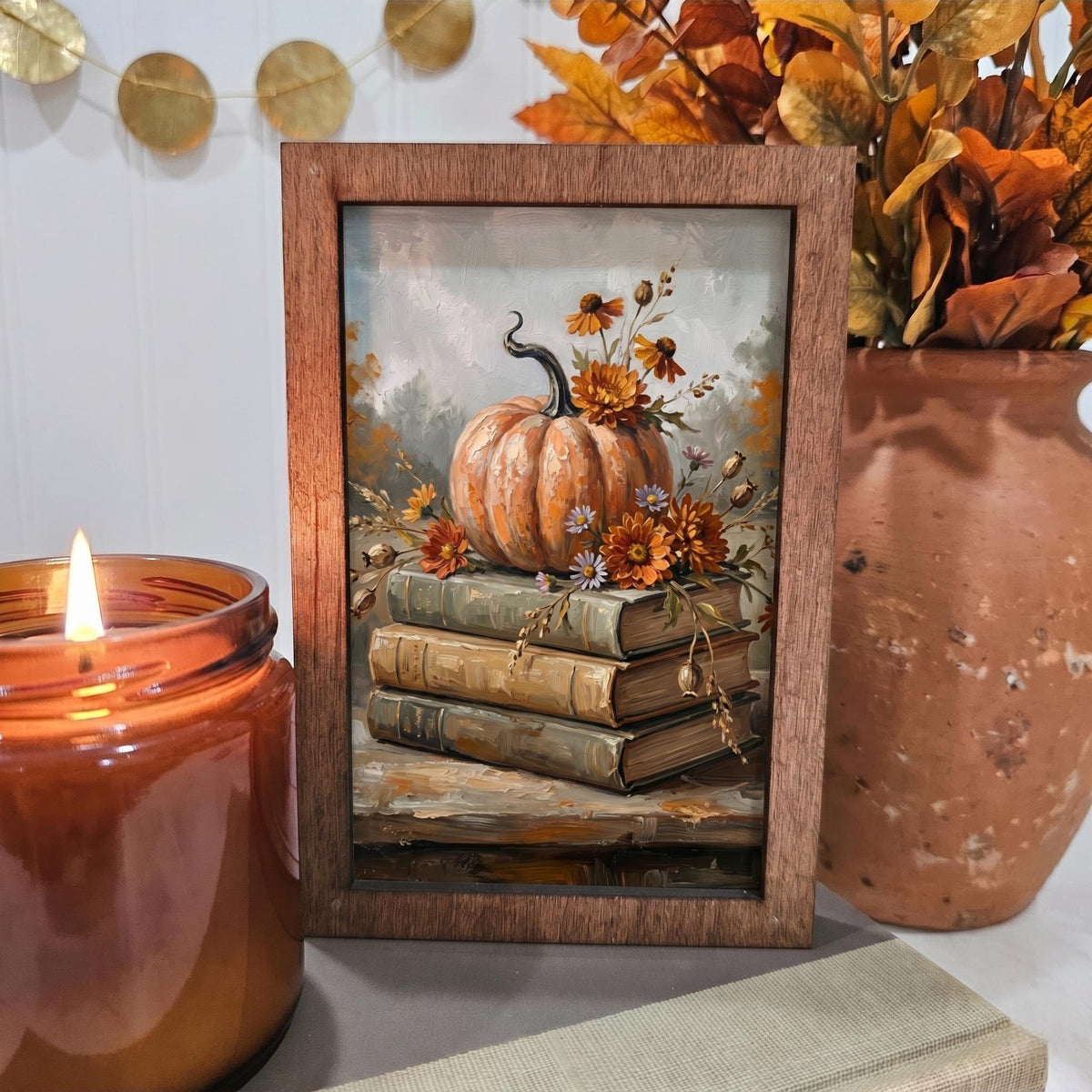 BD Lasers 4x6 wood block sign - Fall Book Trio with Pumpkin