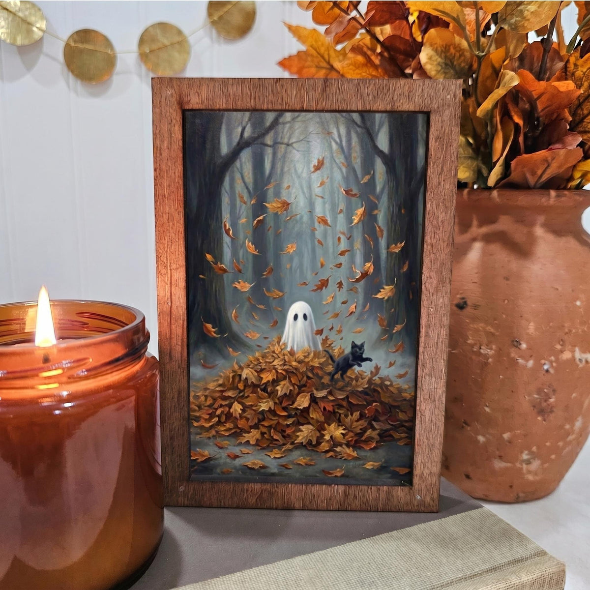 BD Lasers 4x6 wood block sign - Fall Ghost Cat in Leaves