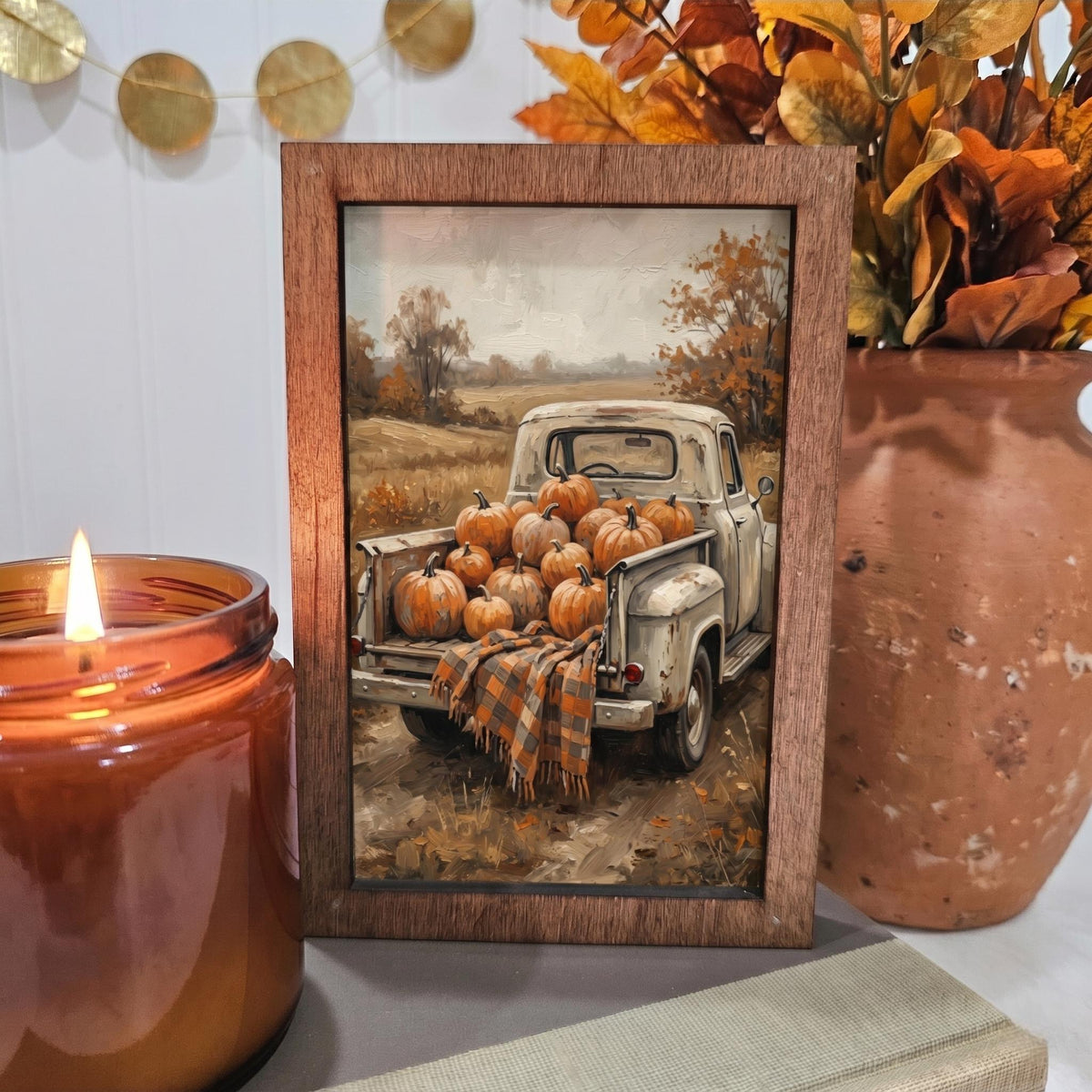 BD Lasers 4x6 wood block sign - Fall White Vintage Truck Pumpkins