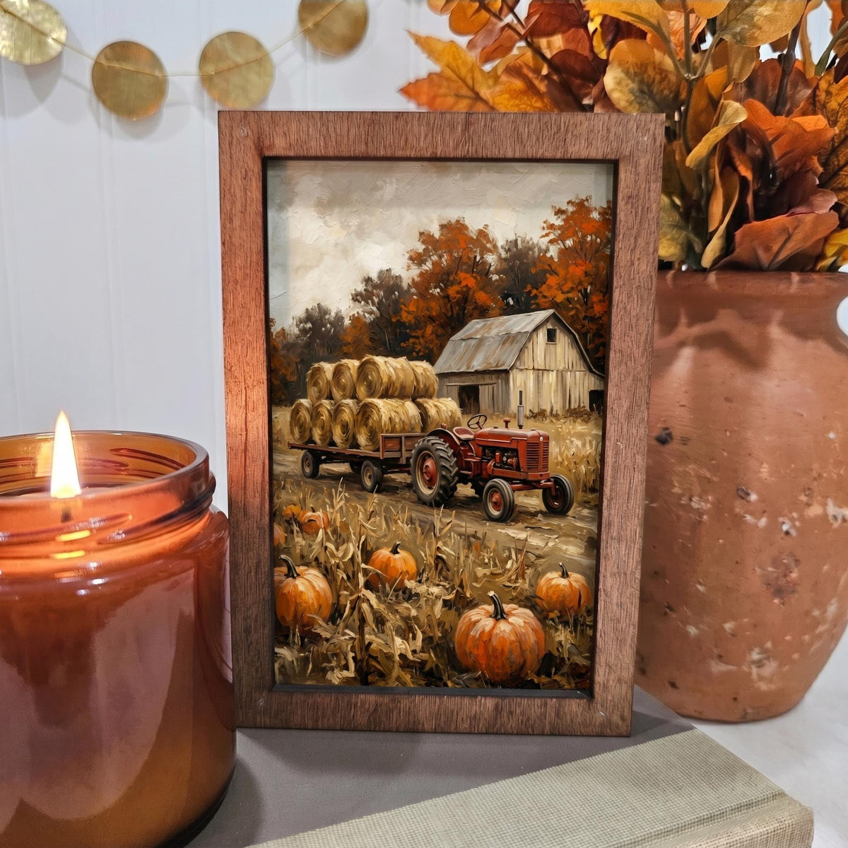 BD Lasers 4x6 wood block sign - Fall Tractor Hay Bale Barn