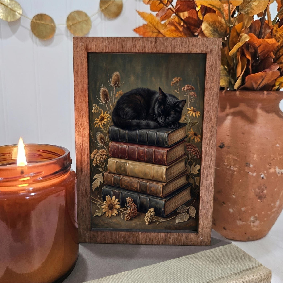 BD Lasers 4x6 wood block sign - Cat Sleeping Books Fall