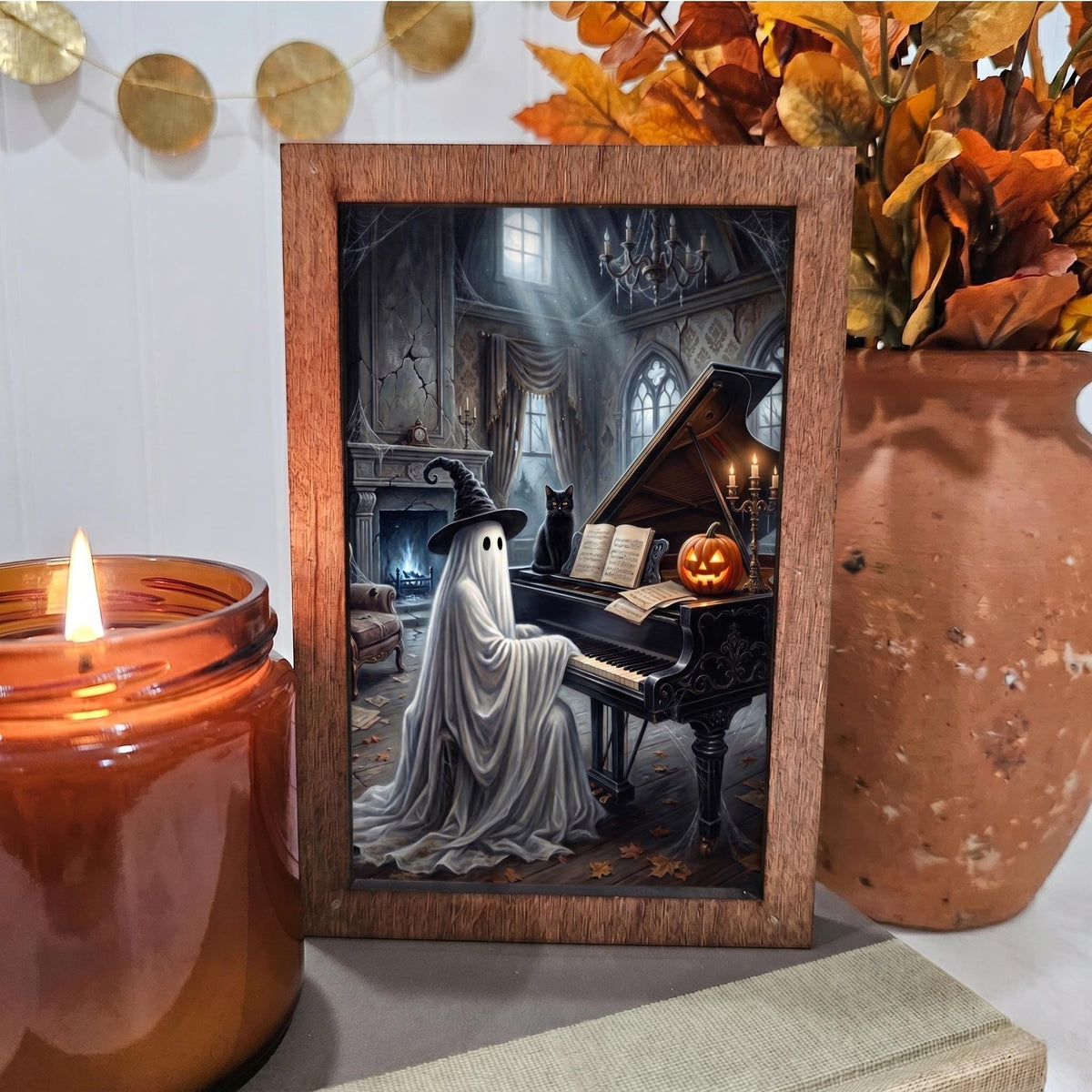 BD Lasers 4x6 wood block sign - Ghost Playing Piano Haunted House