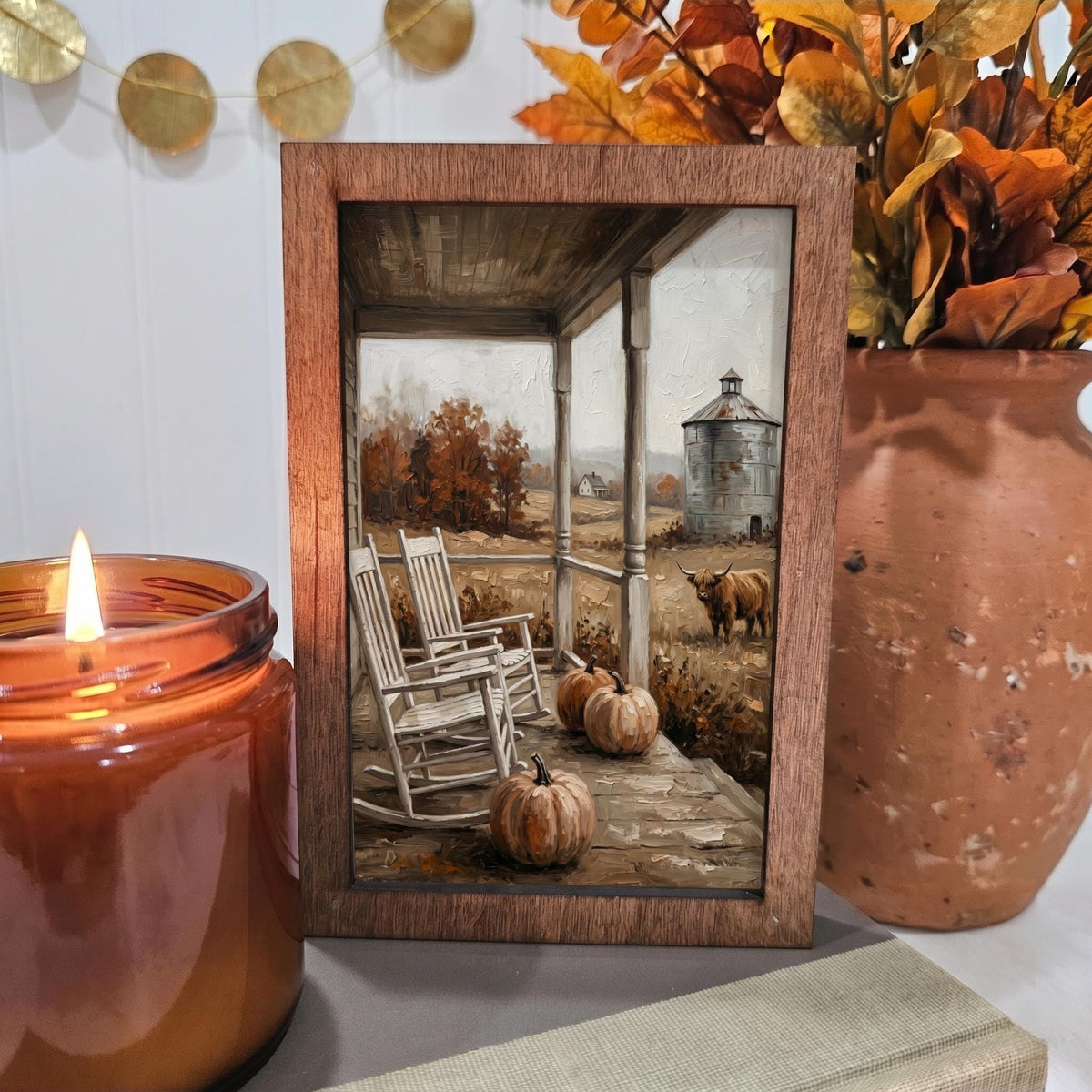 BD Lasers 4x6 wood block sign - Fall Farm Front Porch Highland Cow